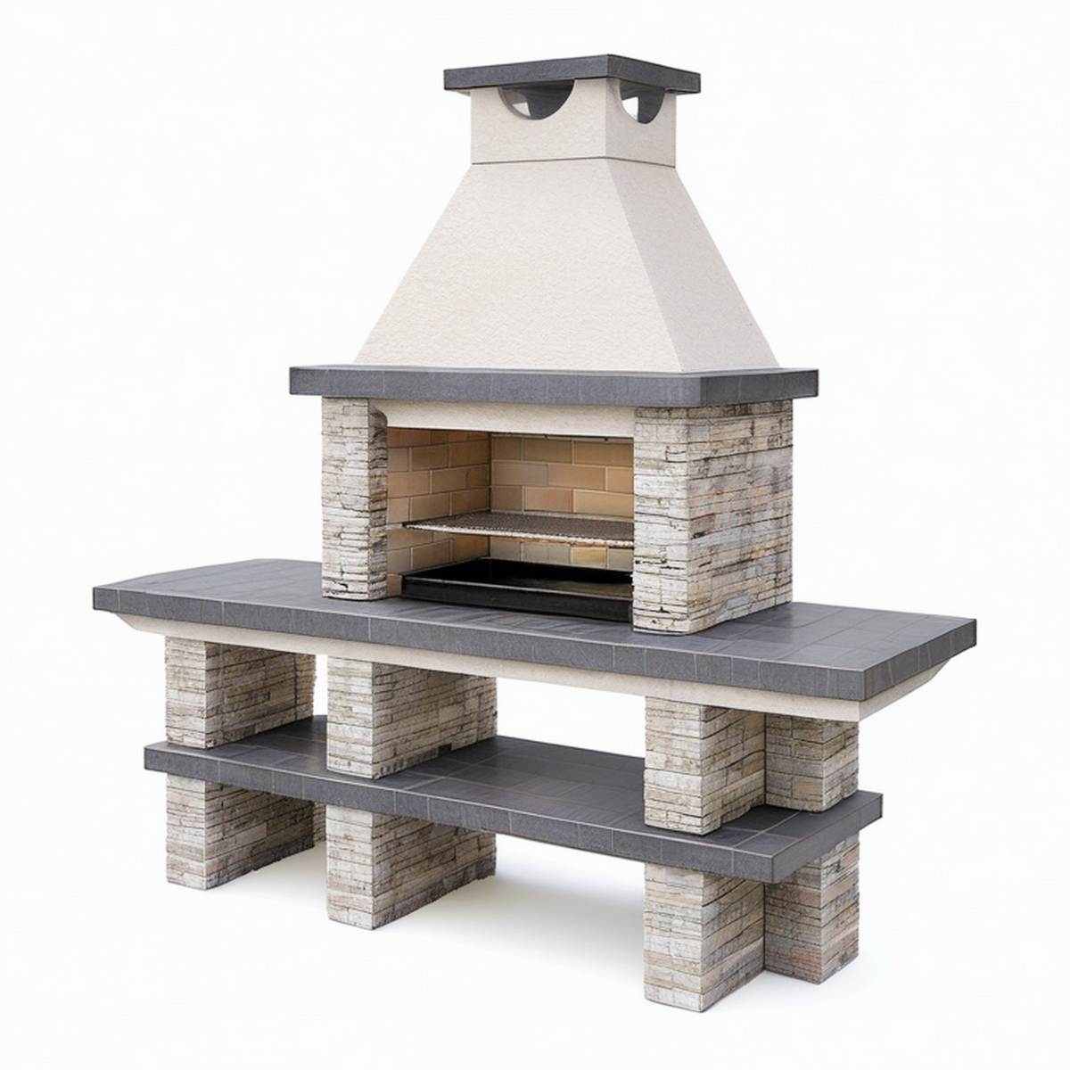 Barbecue de jardin 200 x 80 x 230 cm en pierre gris beige avec cheminée et plan de travail