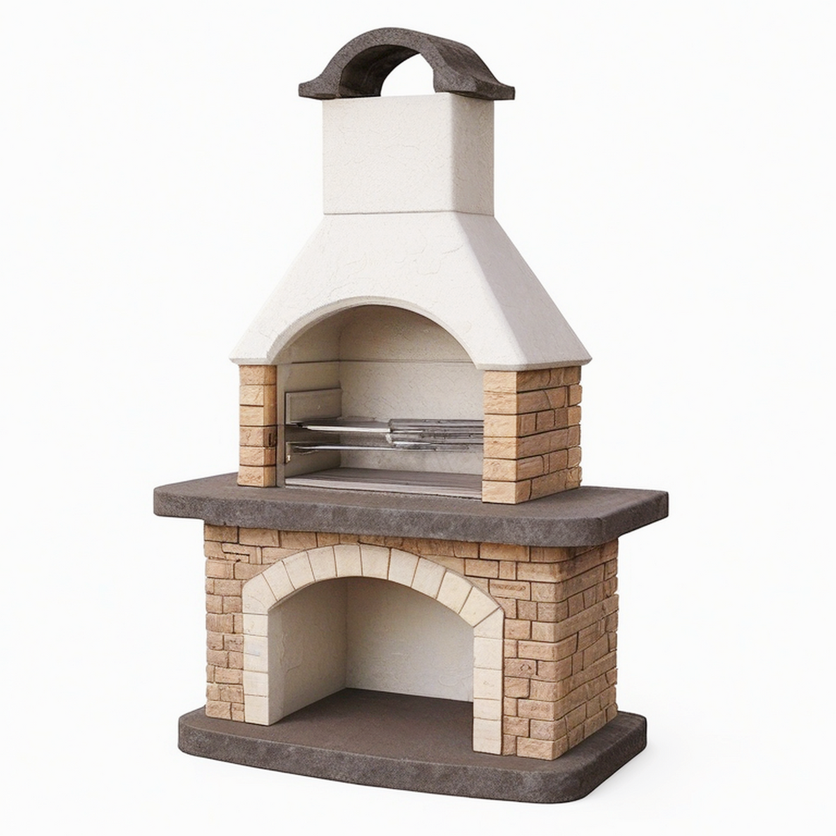Barbecue de jardin 110 x 70 x 190 cm en pierre beige avec grilles métalliques style rustique