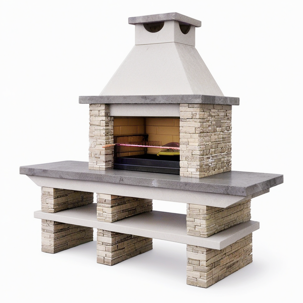 Barbecue extérieur fixe 180 x 70 x 230 cm en pierre gris beige avec grill