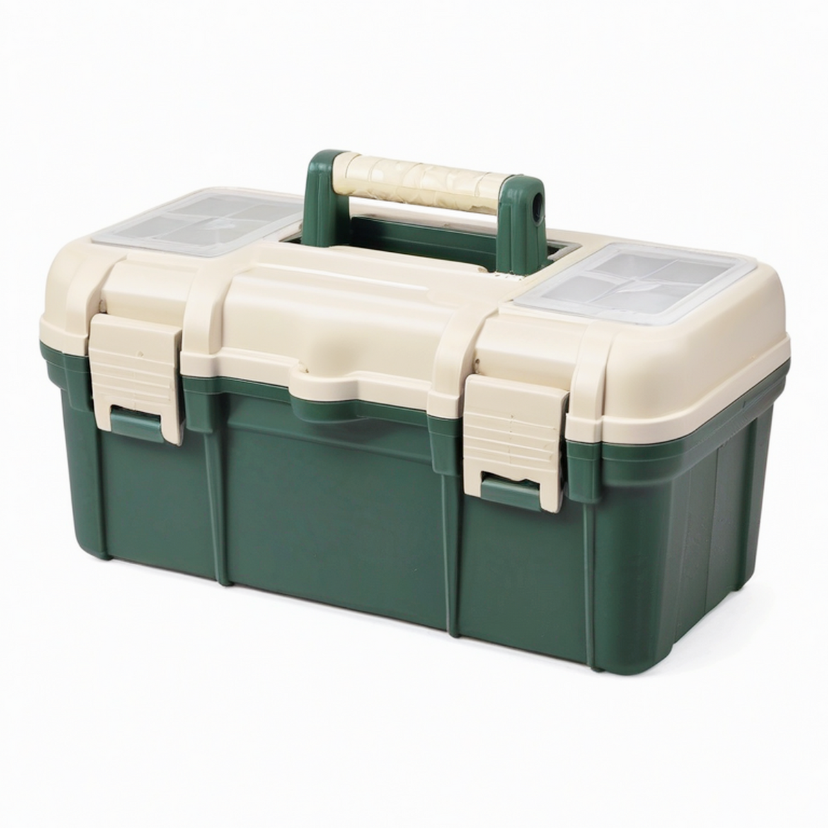 Boîte à outils 48 x 26 x 25 cm en plastique vert et beige avec compartiments et poignée