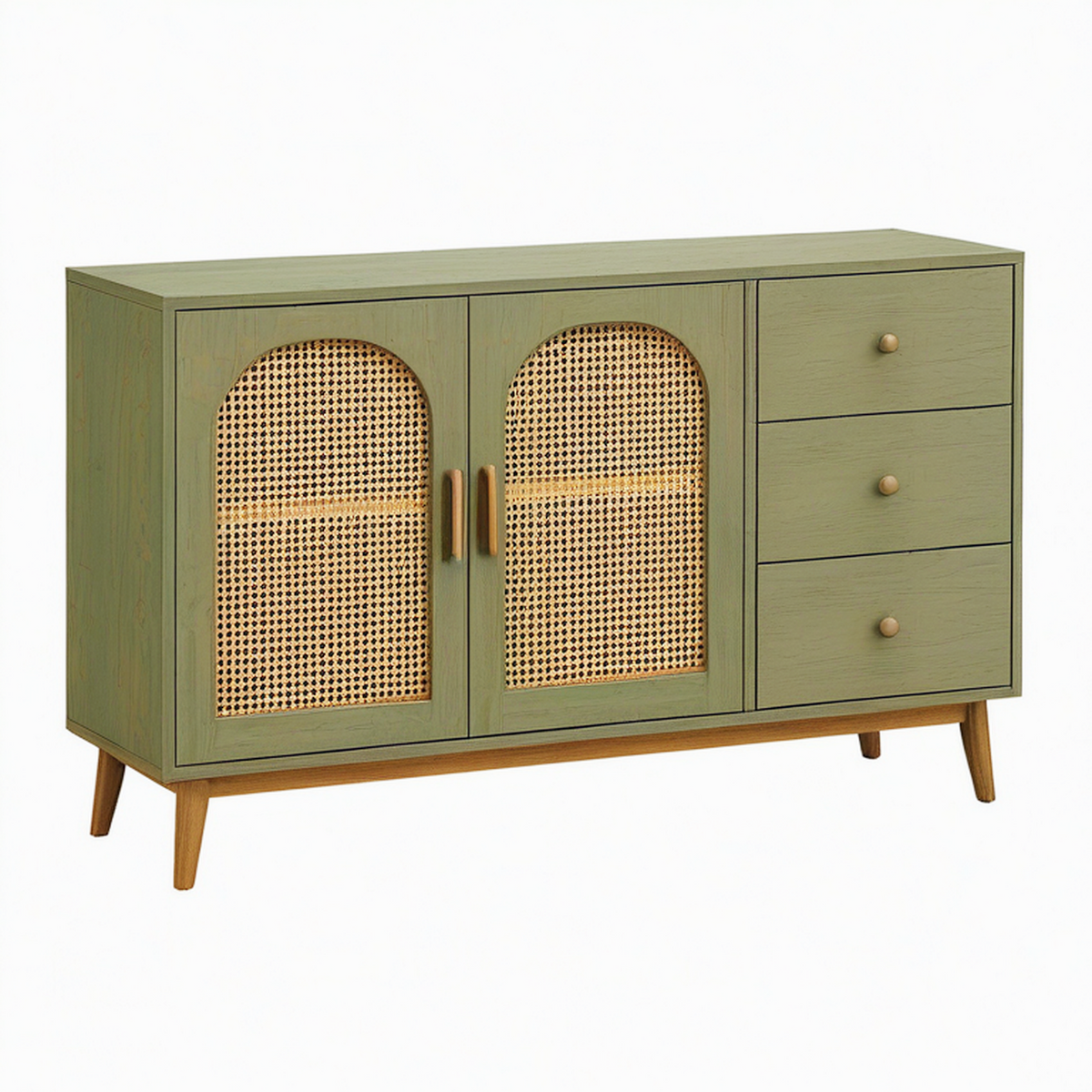 Buffet de rangement 120 x 40 x 85 cm en bois vert avec portes en cannage style rétro