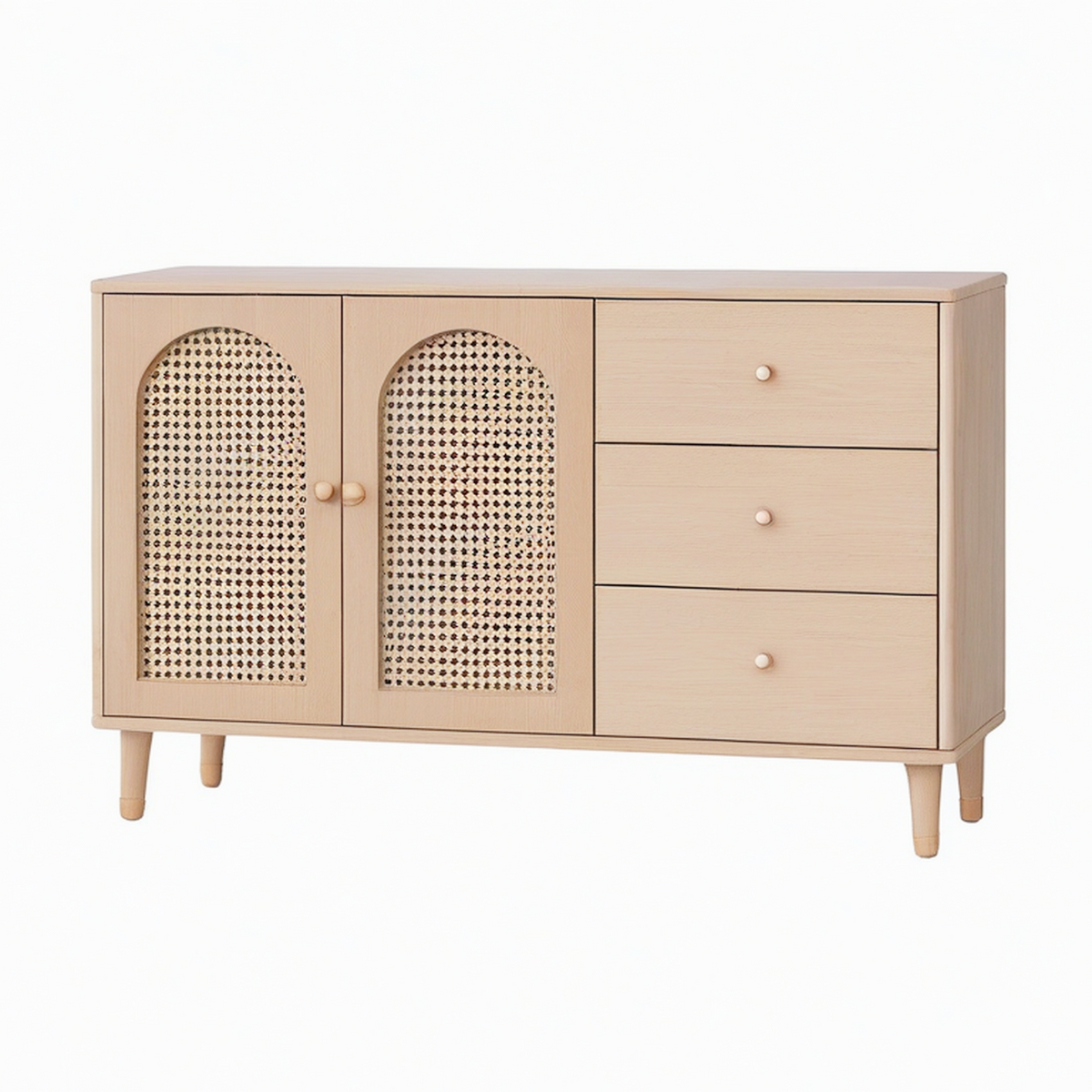 Buffet 140 cm en bois beige avec cannage et 3 tiroirs style rétro