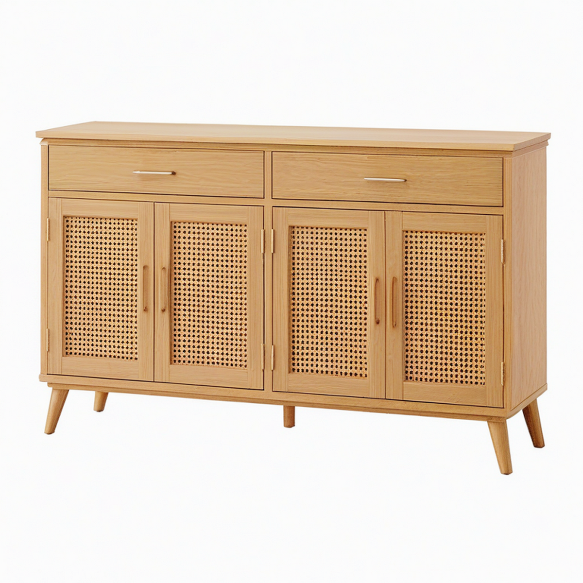 Buffet 160 x 40 x 85 cm en bois naturel et rotin tressé avec 2 tiroirs et 4 portes
