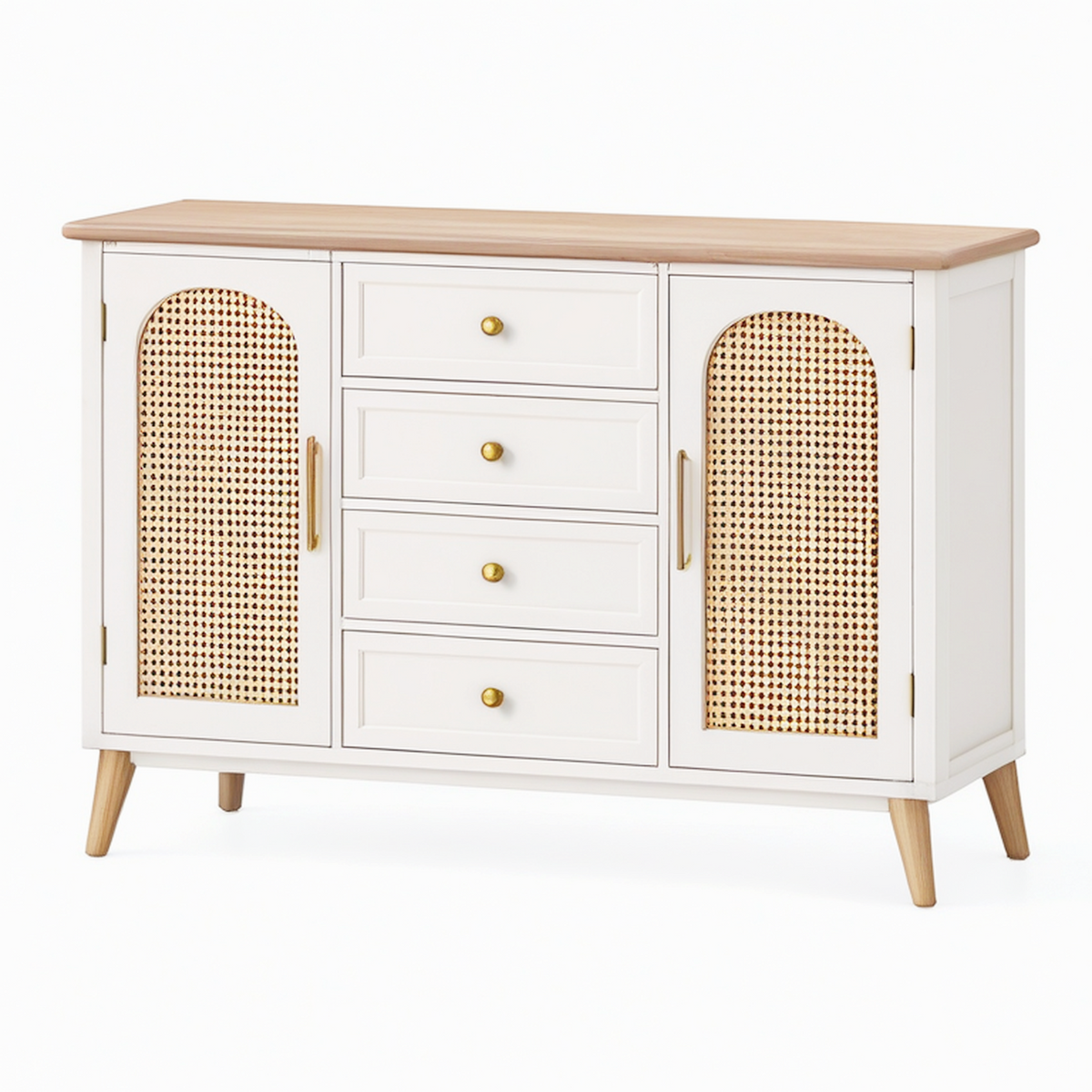 Buffet 160 x 40 x 90 cm blanc et bois avec cannage en rotin style bohème rangement