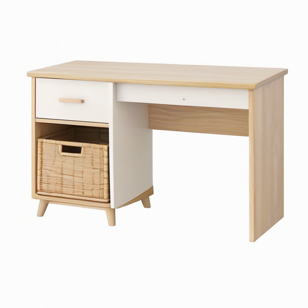 Bureau 120 x 60 cm en bois chêne clair et blanc avec tiroir rangement