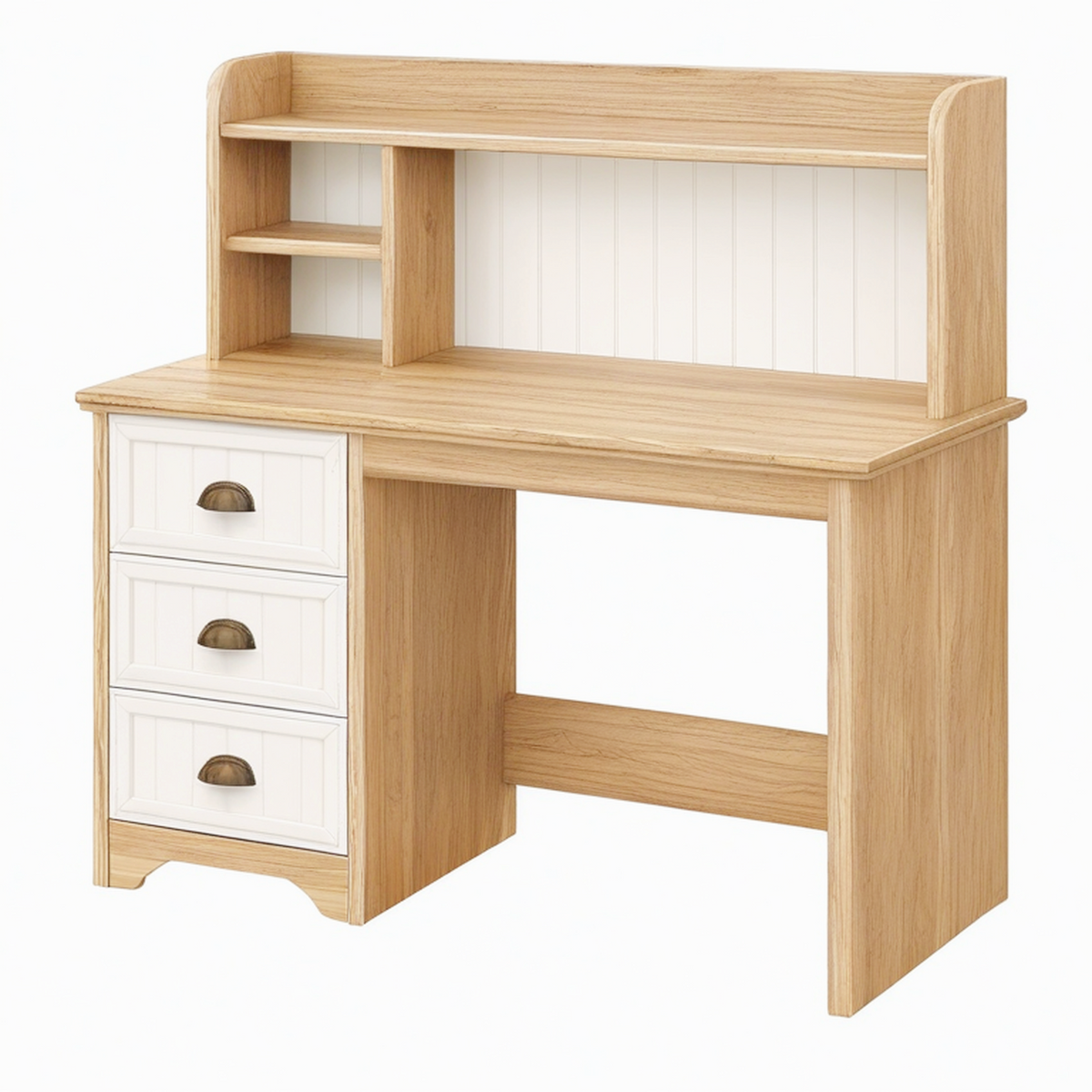 Bureau informatique 120 x 60 cm effet chêne et blanc avec tiroirs et étagères style campagne