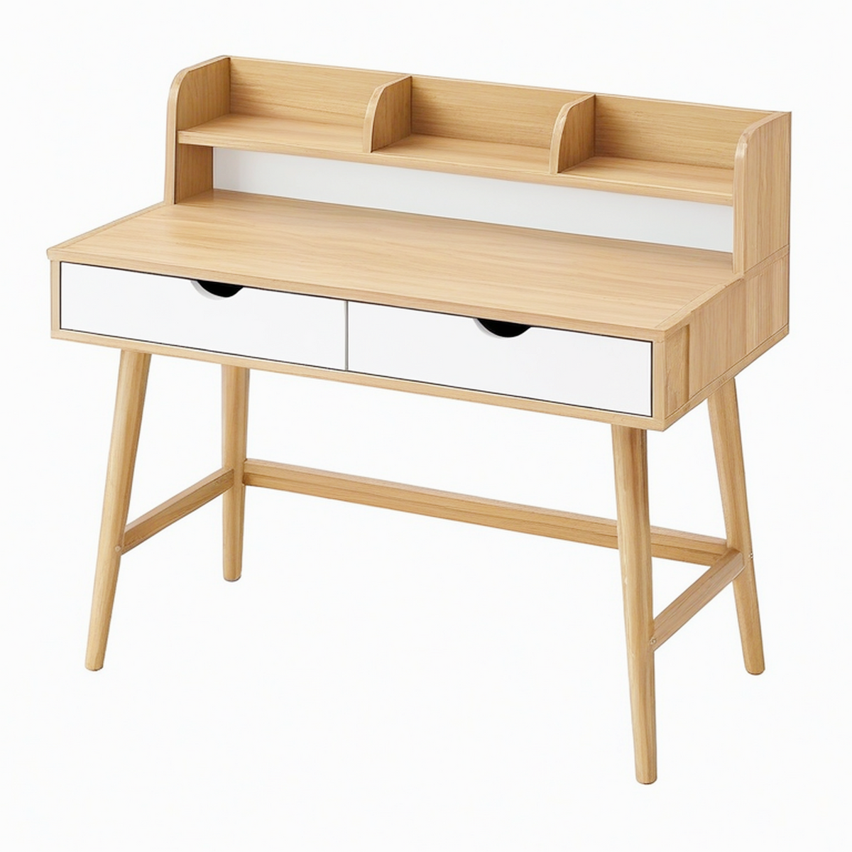 Bureau 120 x 60 x 110 cm en panneaux décor chêne et blanc avec 2 tiroirs style scandinave