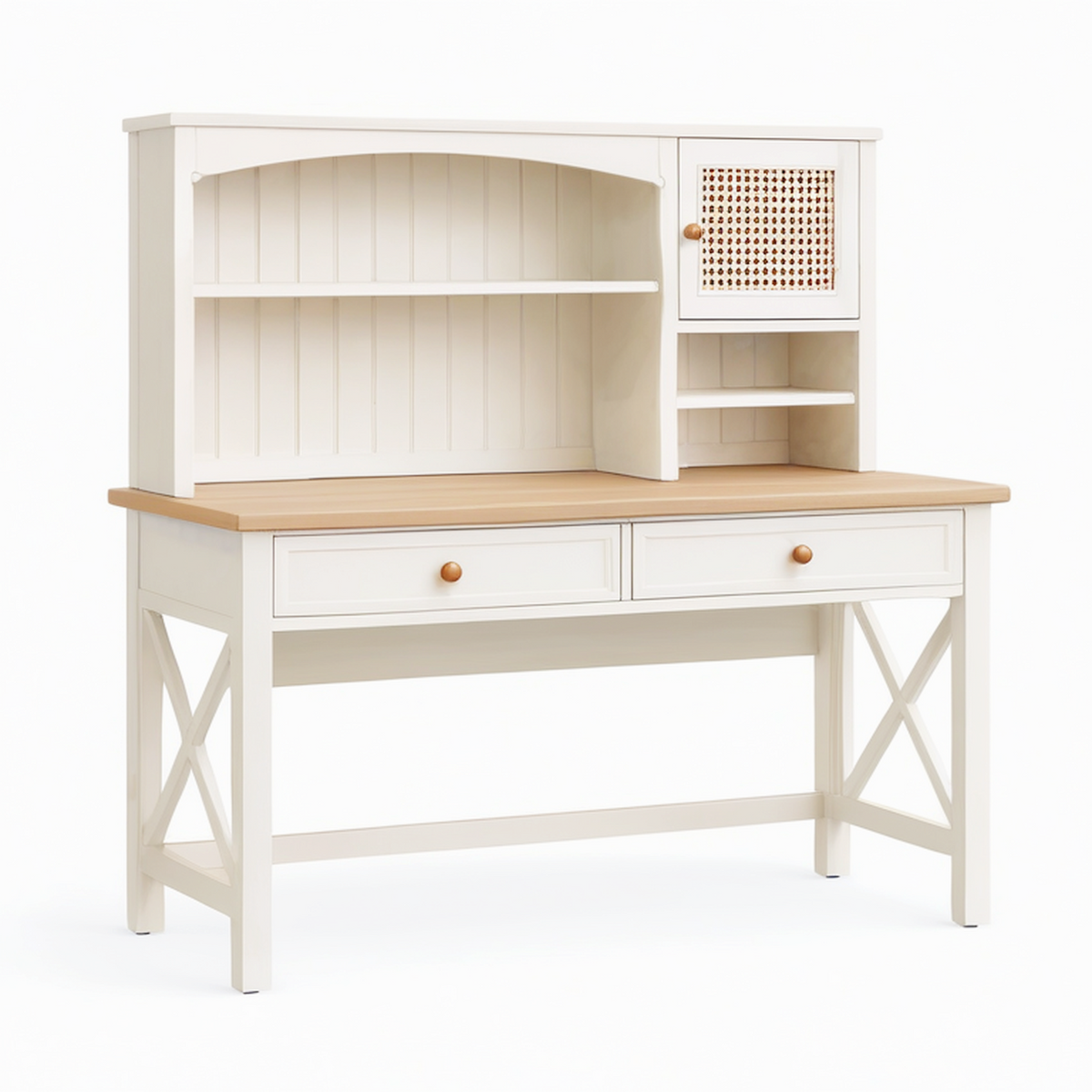 Bureau avec étagères 120x60x145 cm en bois blanc et naturel style campagne avec rangement