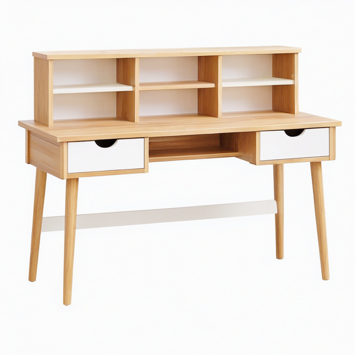 Bureau 120 x 60 x 140 cm en panneaux de bois chêne clair et blanc avec étagères et tiroirs style scandinave