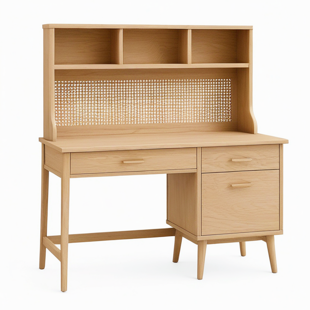 Bureau avec étagères 120 x 60 x 150 cm bois chêne clair cannage style rétro rangement