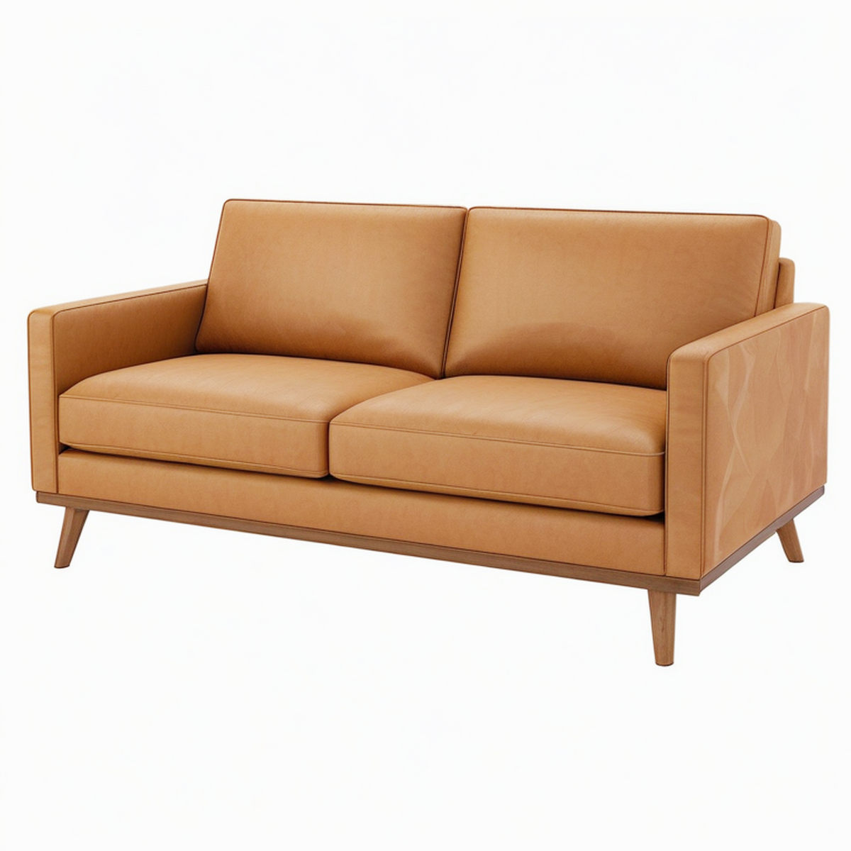 Canapé 2 places 160 cm en revêtement aspect cuir camel - style vintage pieds en bois