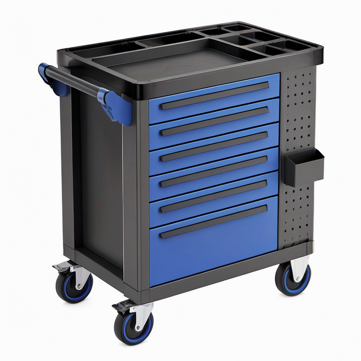 Servante d atelier 80 x 45 x 95 cm en acier noir et bleu avec 6 tiroirs et roulettes