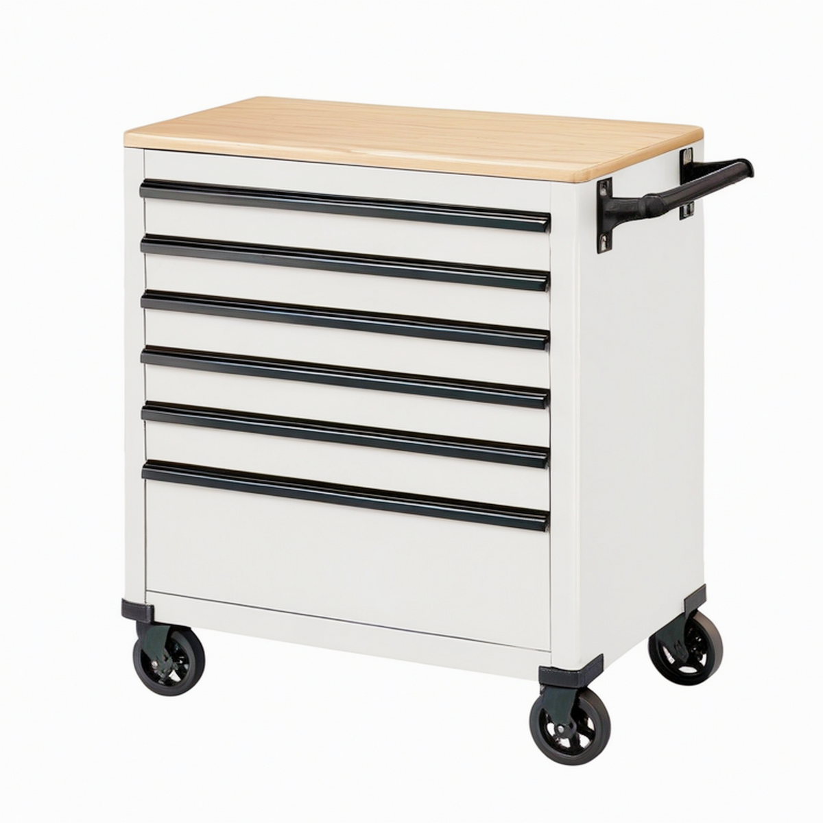 Desserte d'atelier 77 x 46 x 94 cm en acier blanc avec plateau en bois et 7 tiroirs sur roulettes