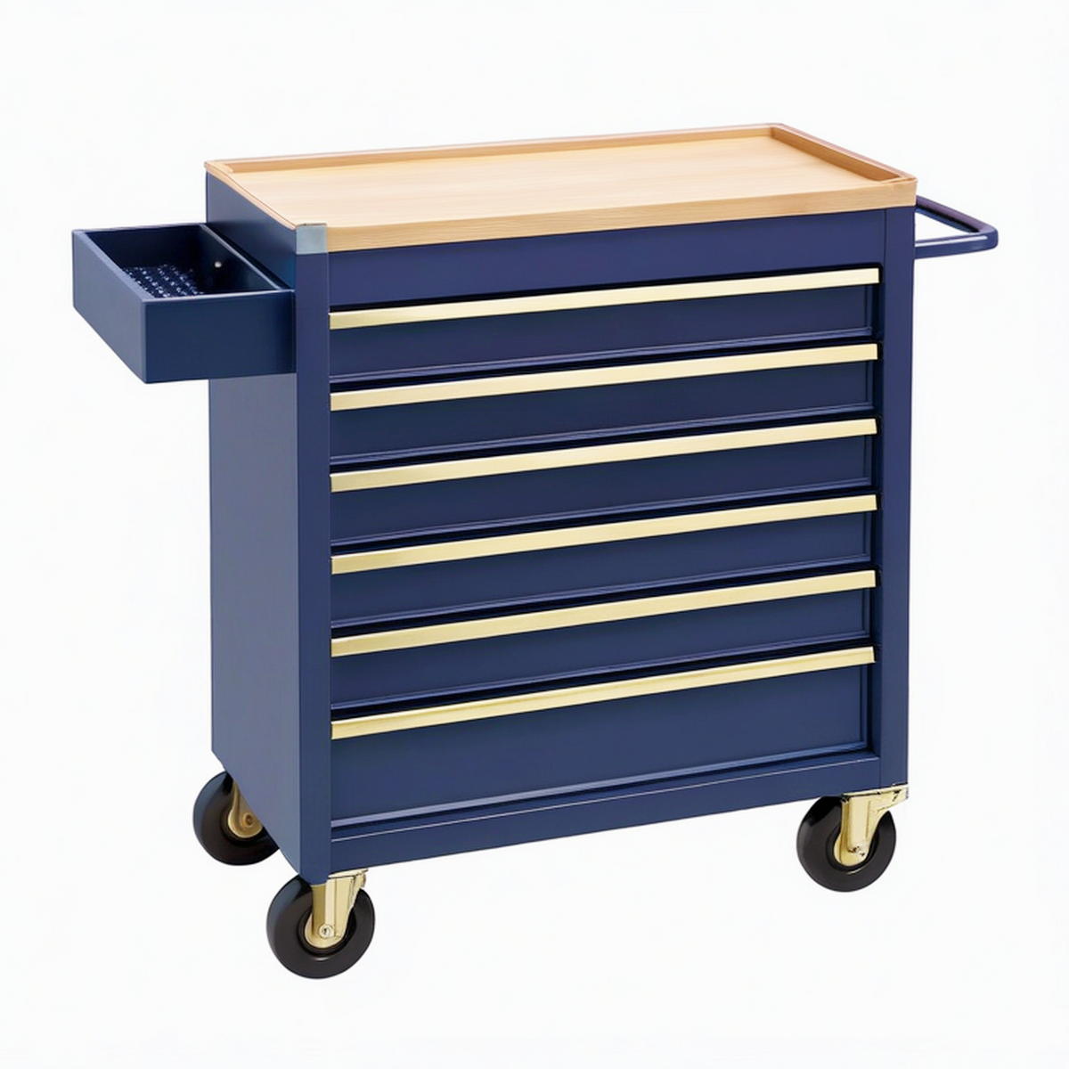 Servante d'atelier 77 x 46 x 98 cm en acier bleu avec plateau en bois et 6 tiroirs