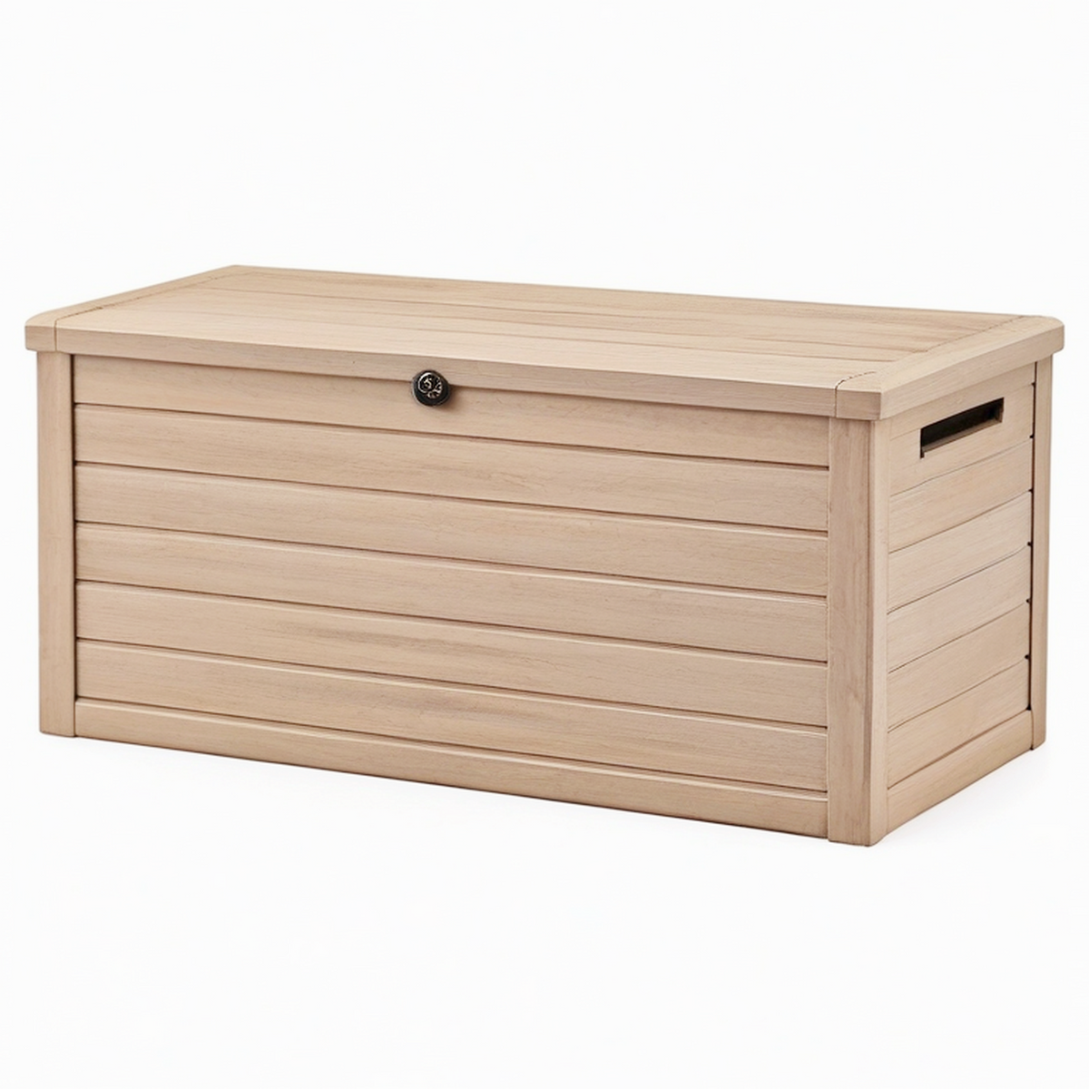 Coffre de rangement extérieur 145 x 70 x 70 cm en résine aspect bois taupe avec couvercle verrouillable